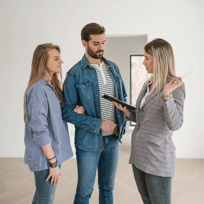 A Man And Two Women Are Standing Next To Each Other In An Empty Room — Howells & Co Legal & Conveyancing In Cessnock, NSW