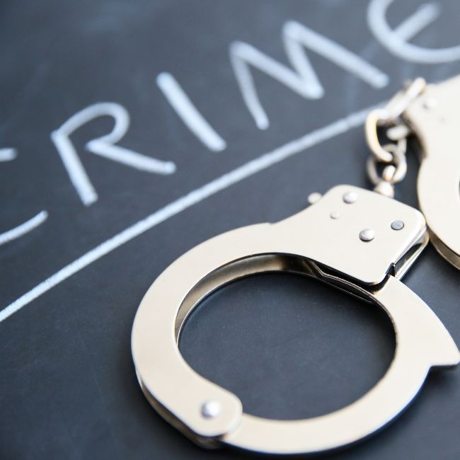 A Pair Of Handcuffs Sitting On Top Of A Chalkboard With The Word Crime Written On It — Howells & Co Legal & Conveyancing In Cessnock, NSW