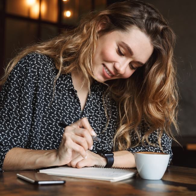 A Woman Is Sitting At A Table Writing In A Notebook — Howells & Co Legal & Conveyancing In Cessnock, NSW