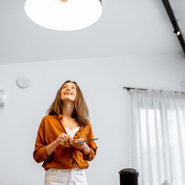 A Woman Is Standing In Living Room Looking Up At The Ceiling — Howells & Co Legal & Conveyancing In Cessnock, NSW