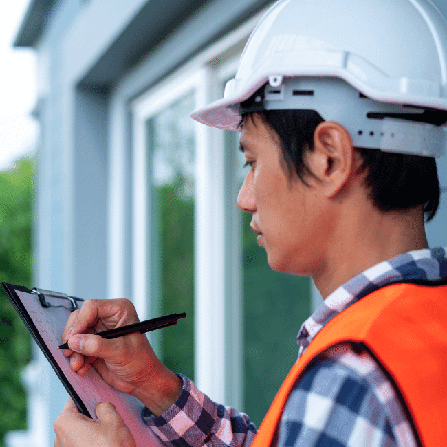 A Man Wearing A Hard Hat And An Orange Vest Is Writing On A Clipboard — Howells & Co Legal & Conveyancing In Lake Cessnock, NSW