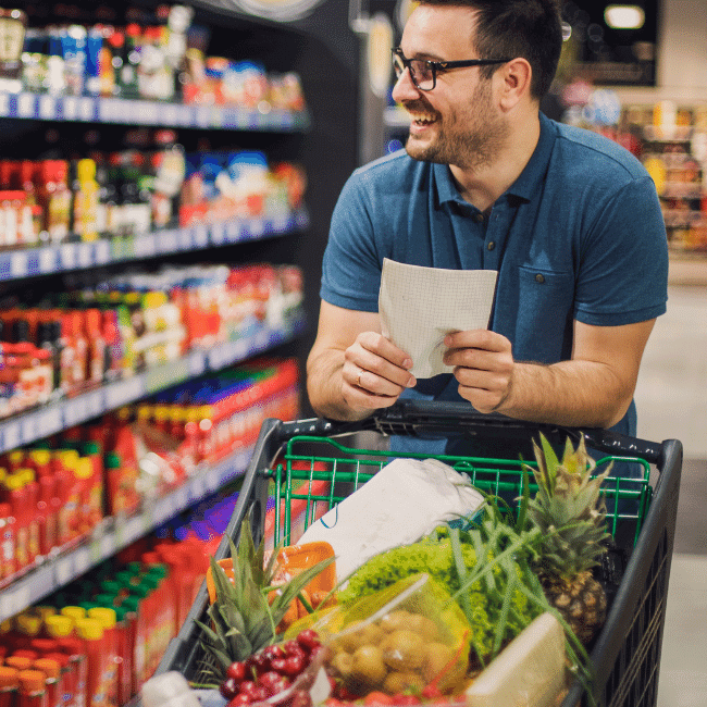 A Man Is Pushing A Shopping Cart Full Of Fruits And Vegetables In A Grocery Store — Howells & Co Legal & Conveyancing In Cessnock, NSW