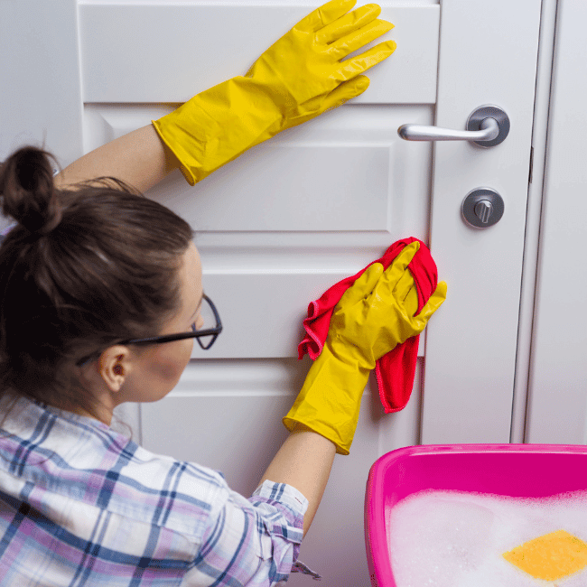 A Woman Wearing Yellow Gloves Is Cleaning A Door With A Cloth — Howells & Co Legal & Conveyancing In Cessnock, NSW