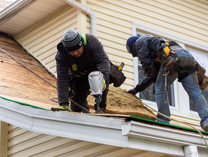 Roofing contractors working on a residential roof and guttering