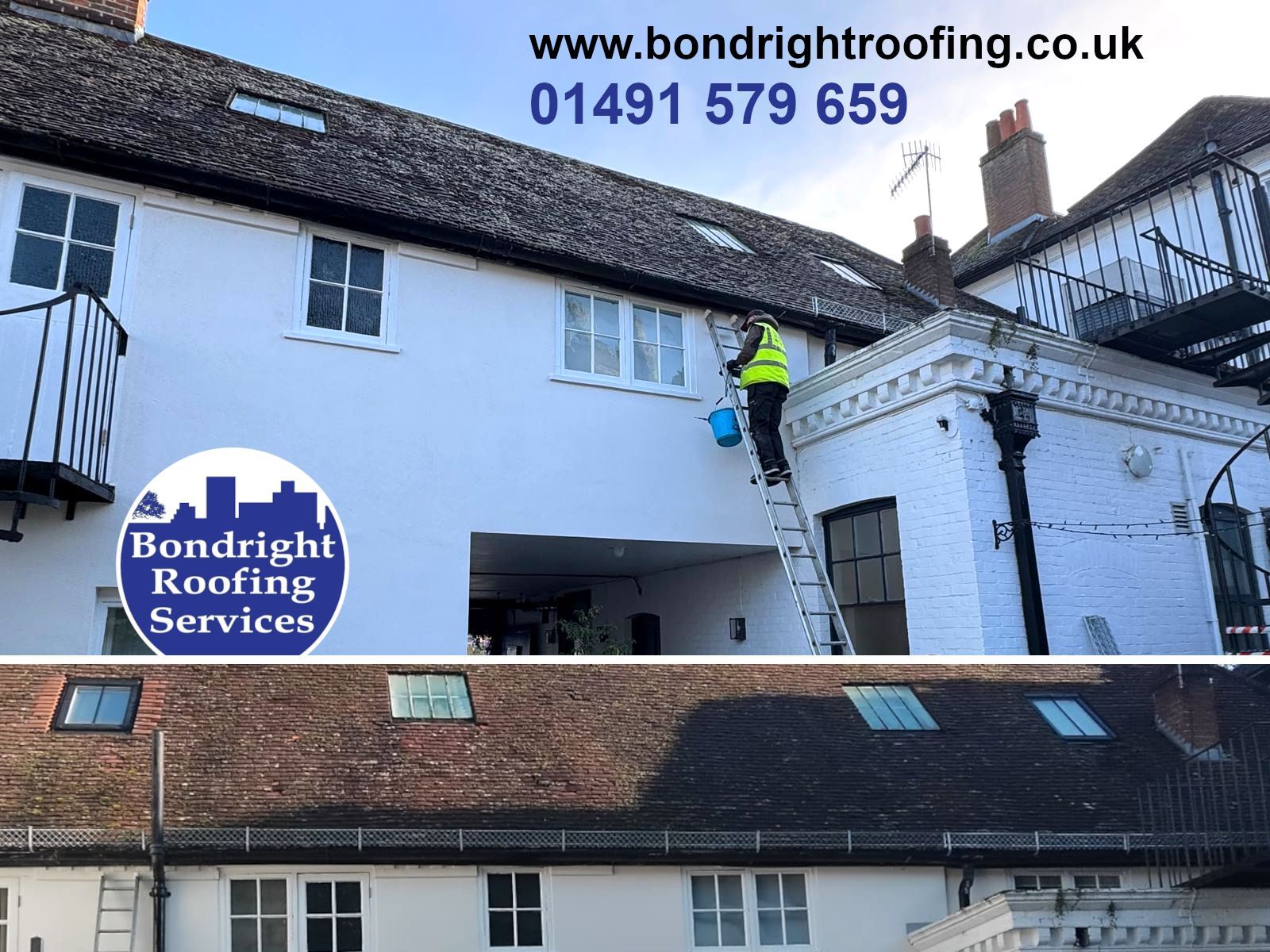 Roofing company van beside white house, with workers on a roof and Bondright Roofing Services branding.