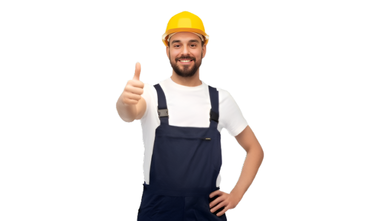 Smiling construction worker in yellow hard hat and navy overalls giving a thumbs-up on white background