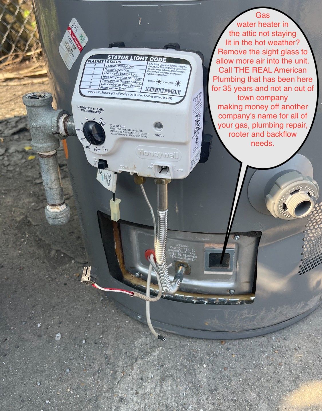 Gas water heater in attic keep going out? American Plumbing, LMP 556