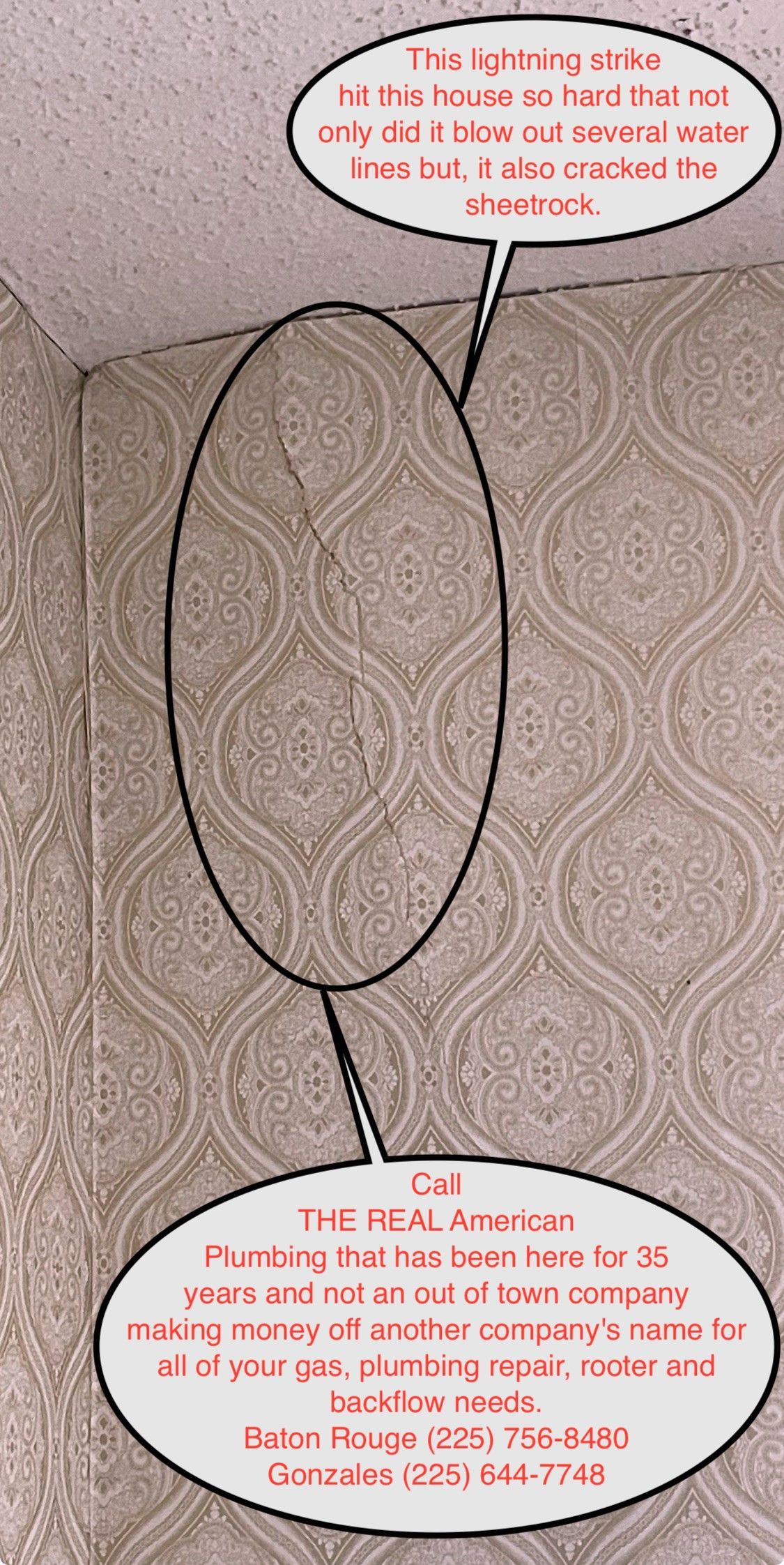 Wallpaper with cracks and two speech bubbles. One mentions a repair, the other, details.