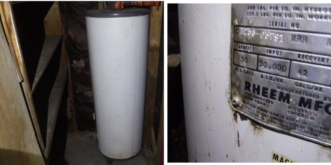 White cylindrical water heater with a close-up of its metal manufacturer label.
