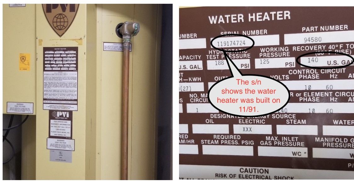A water heater with a close-up of a data label showing the tank's age as 11.5 years old.