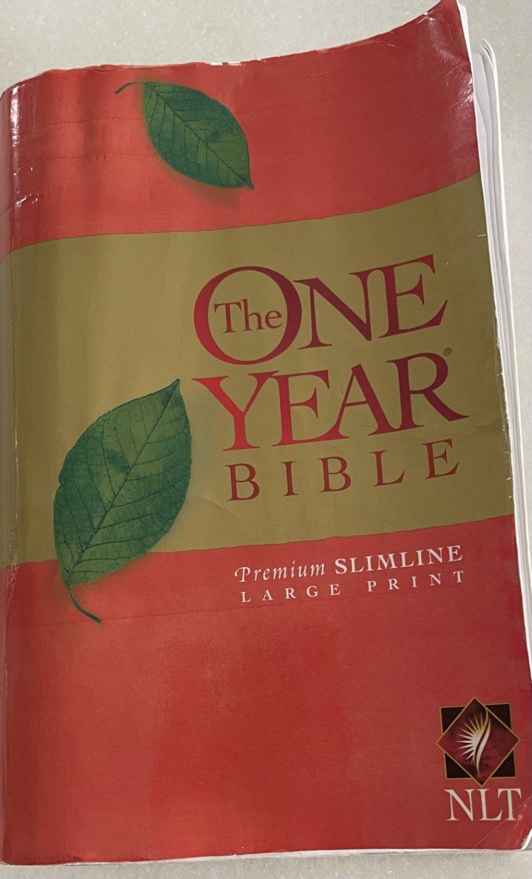 Red Bible cover with green leaves, titled “The One Year Bible” by Tyndale House Publishers.
