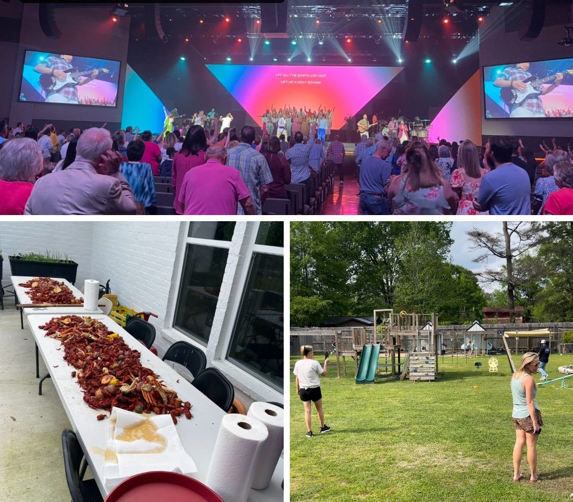 Top: Church service with stage and audience. Bottom left: crawfish boil. Bottom right: people in a backyard.
