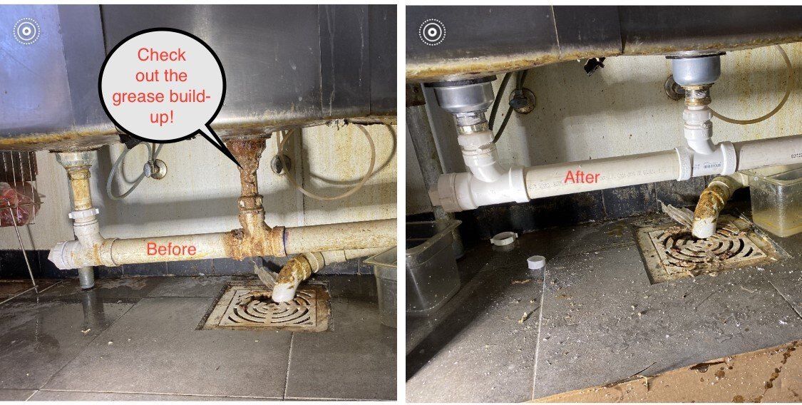 Before-and-after view of a dirty pipe leak under a sink, showing dripping water and debris cleanup.