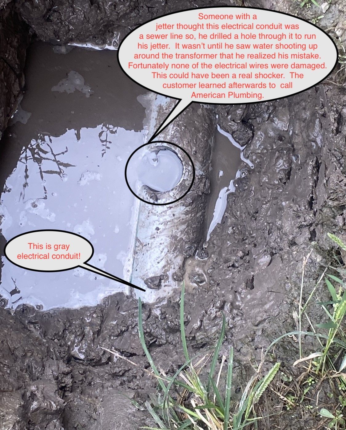 Close-up of a muddy buried pipe with red annotation bubbles and a circled crack in the center.