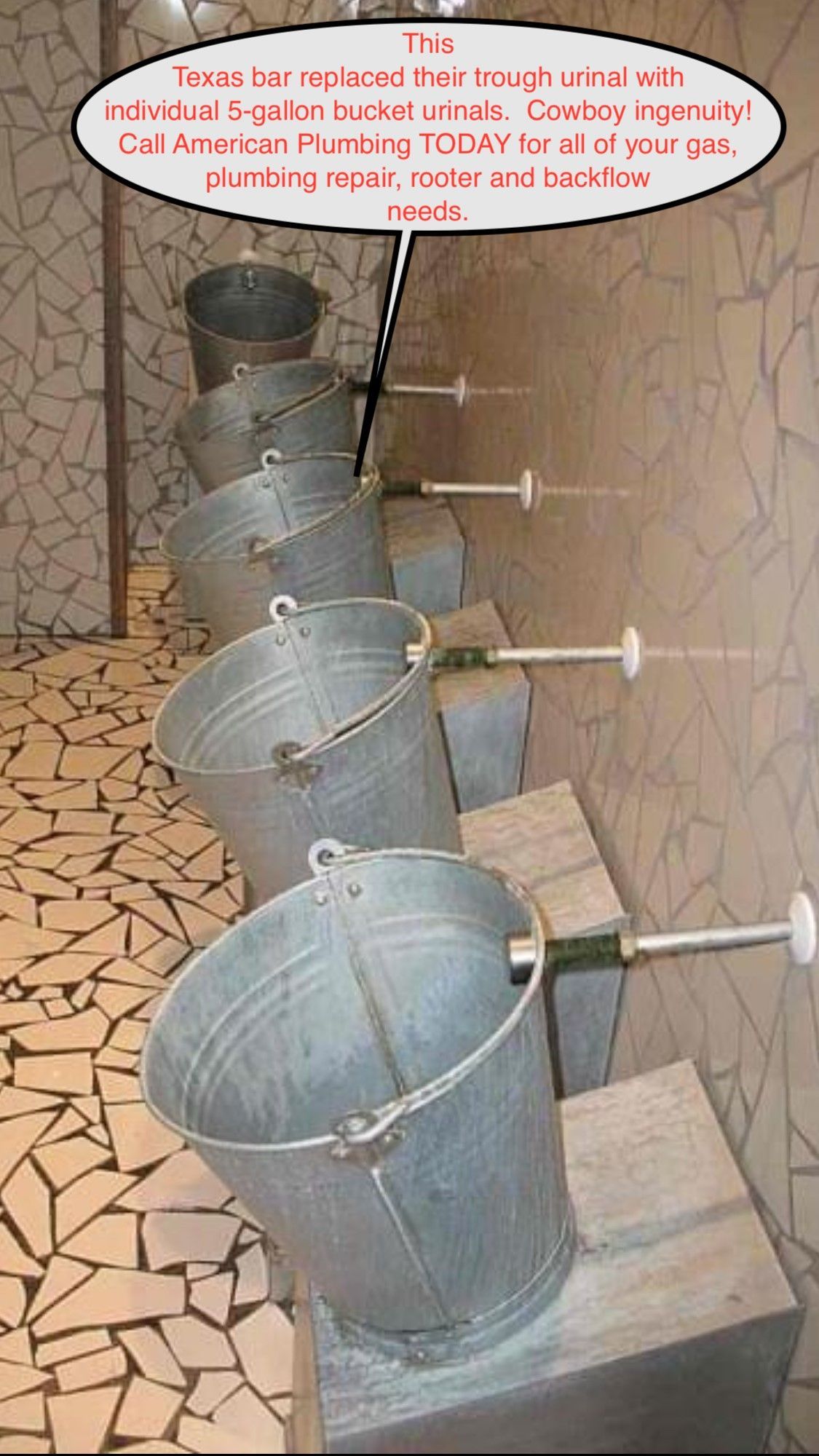 Line of metal bins in a tiled stairwell, each with side outlets and handwritten labels above them