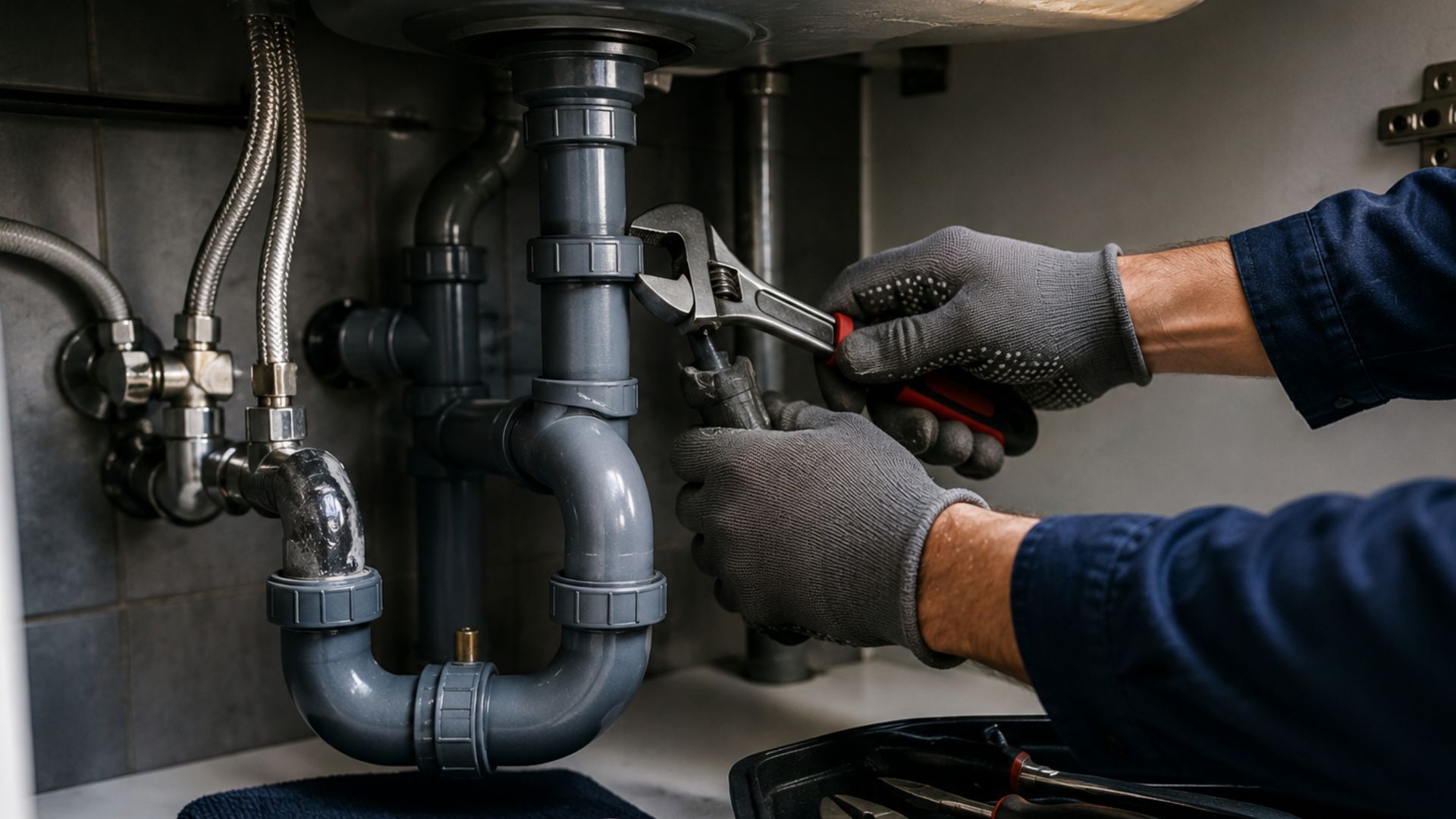 Plumbers repairing pipes with a wrench under a kitchen sink