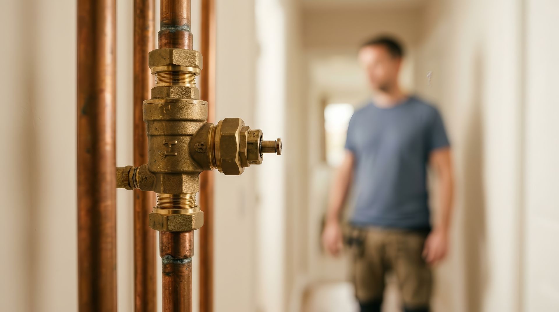 Close-up of a plumbing backflow preventer installation with a technician blurred in the background. Close-up of a plumbing backflow preventer installation with a technician blurred in the background.