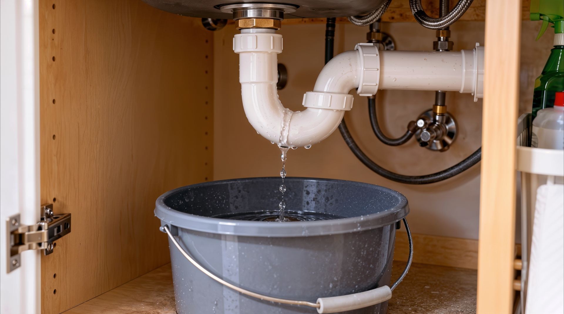 Gray bucket under sink catching water from leaking pipes
