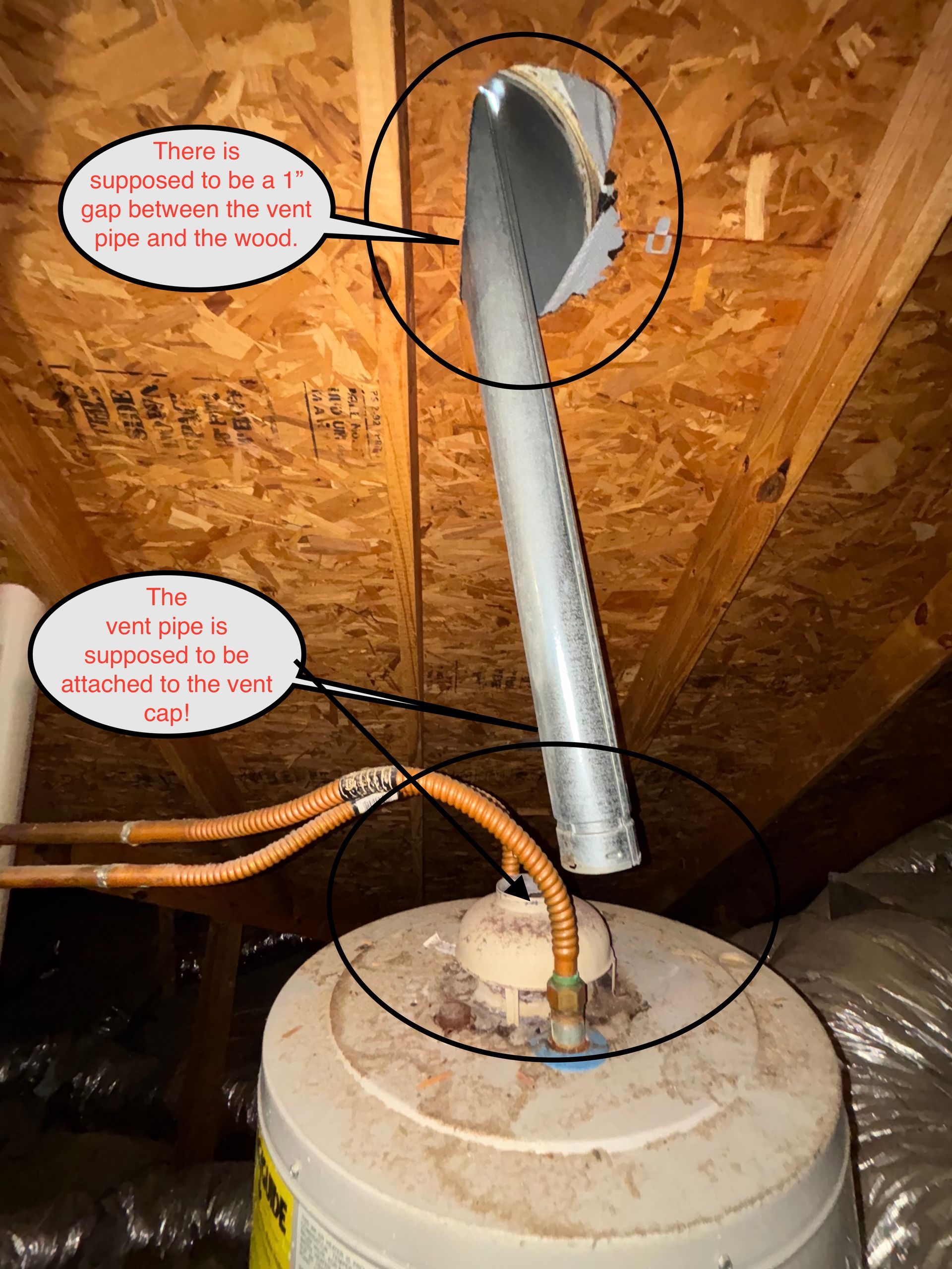 Water heater in an attic with vent pipe detached, copper pipes, and insulation visible.