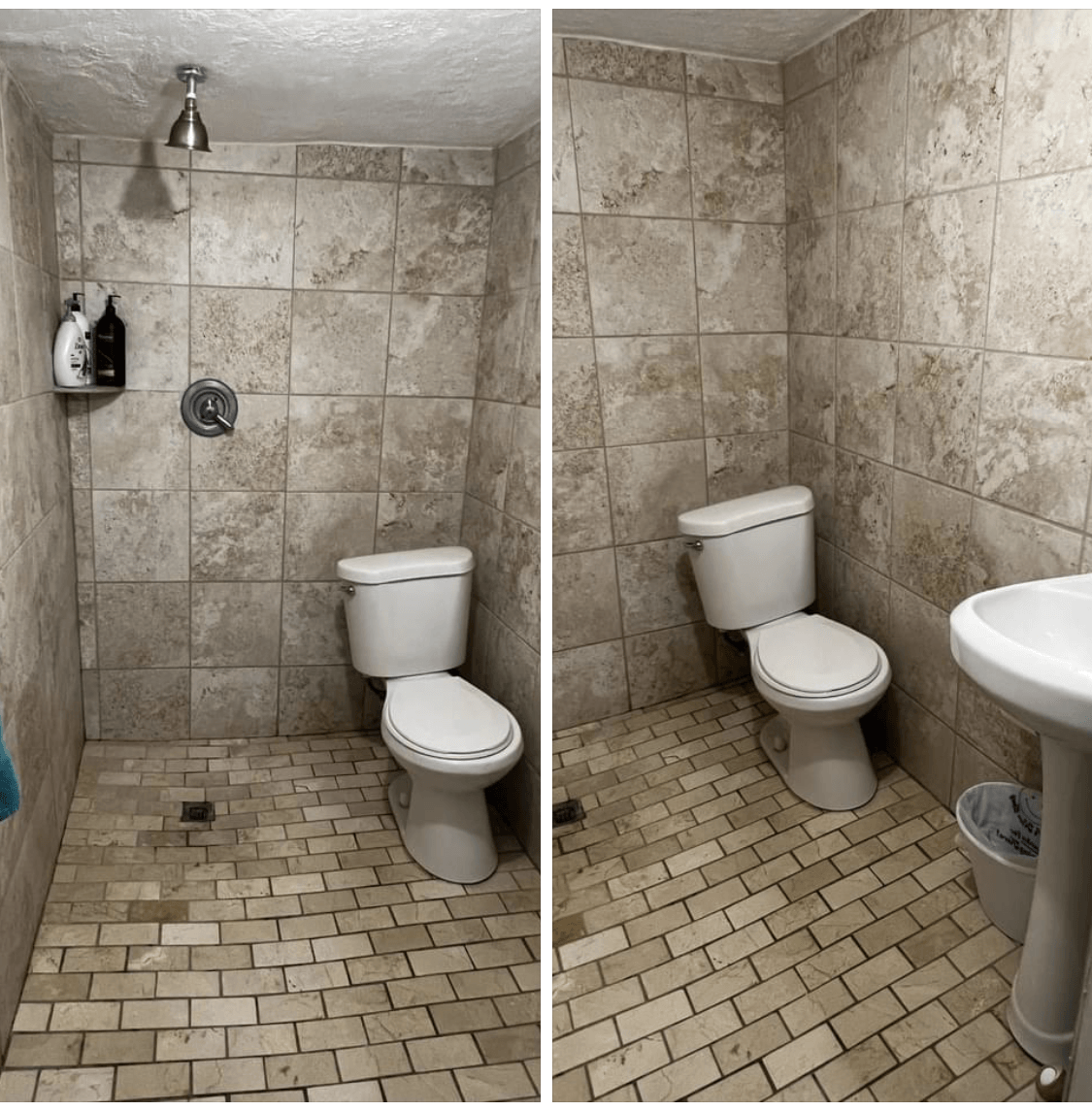 Small beige-tiled bathroom with shower, toilet, sink, and mosaic floor tiles.