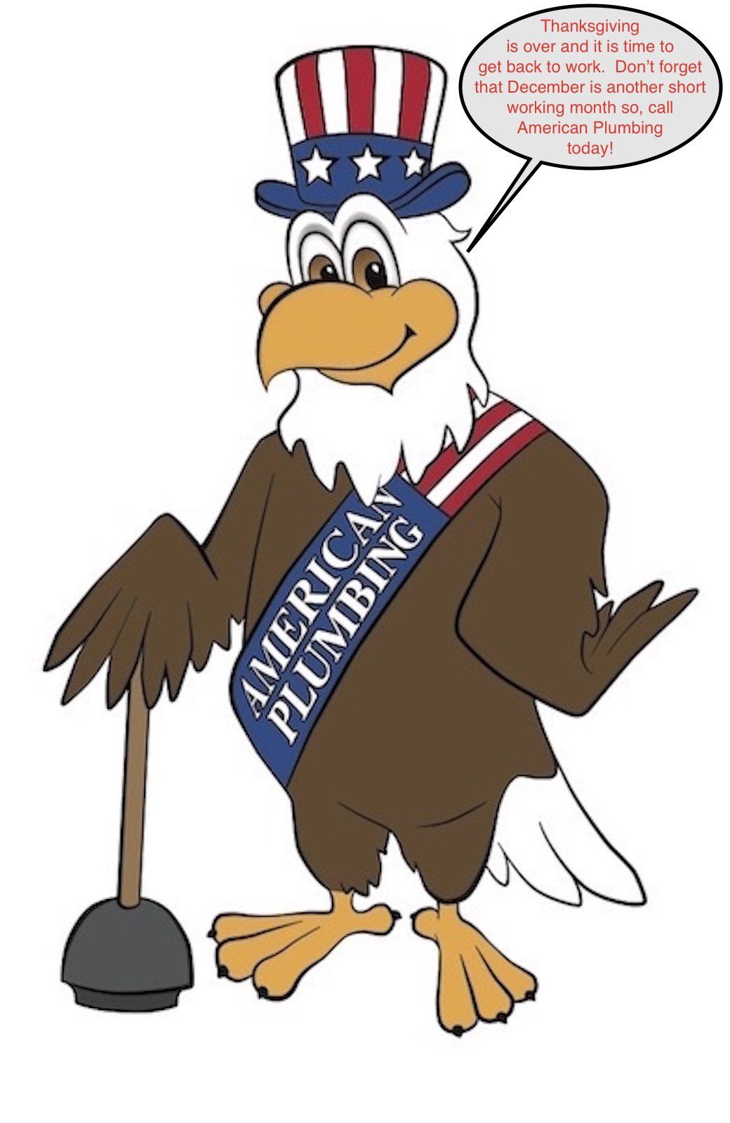 Bald eagle in Uncle Sam hat, holding plunger, wearing 