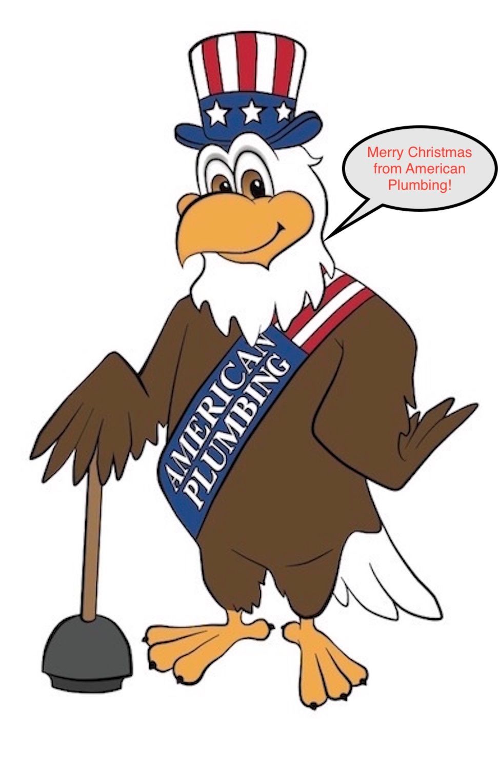 Cartoon bald eagle in Uncle Sam hat, bandaged shoulder, leaning on crutch, with “Merry Christmas” speech bubble