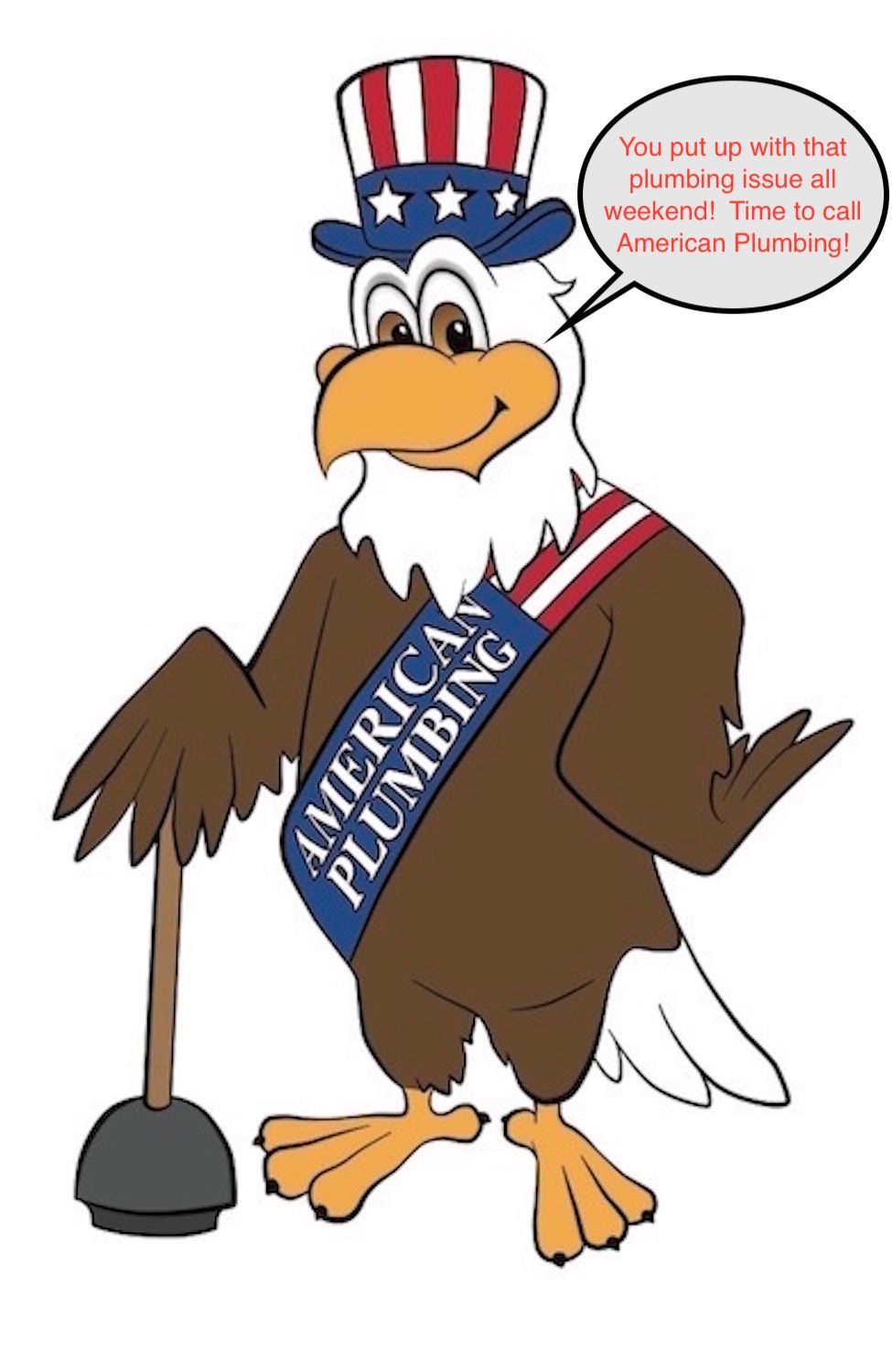 Cartoon bald eagle in a patriotic hat and sash, standing by a plunger and speaking in a speech bubble.