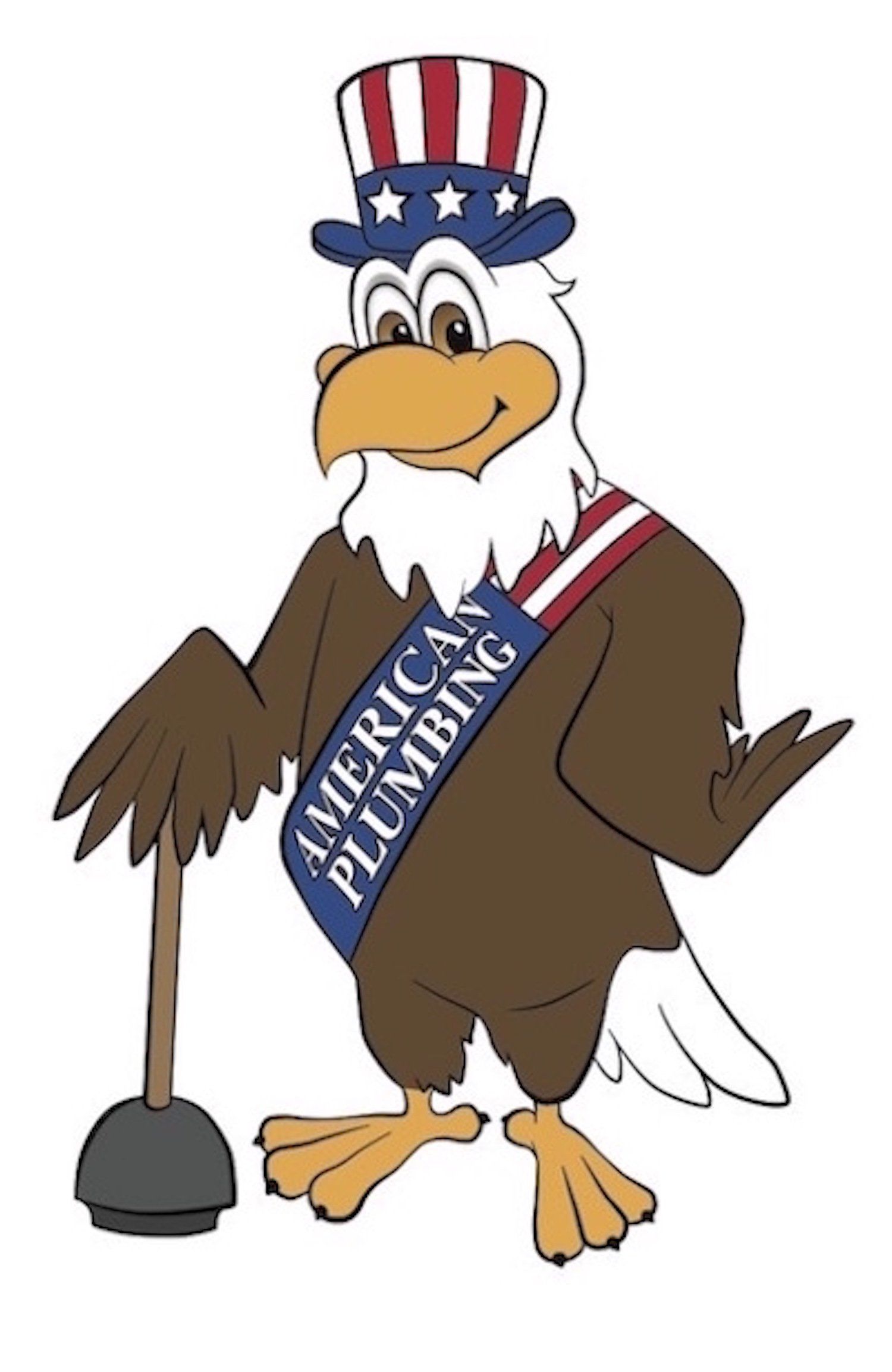 Cartoon bald eagle wearing Uncle Sam hat and sash, holding a cane next to a microphone.