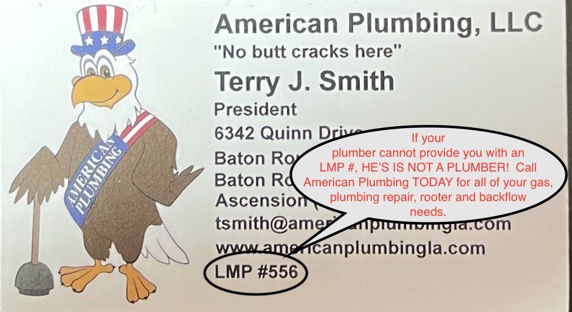 Business card for American Plumbing LLC. An eagle character holds a plunger, with a message about licensed plumbers.