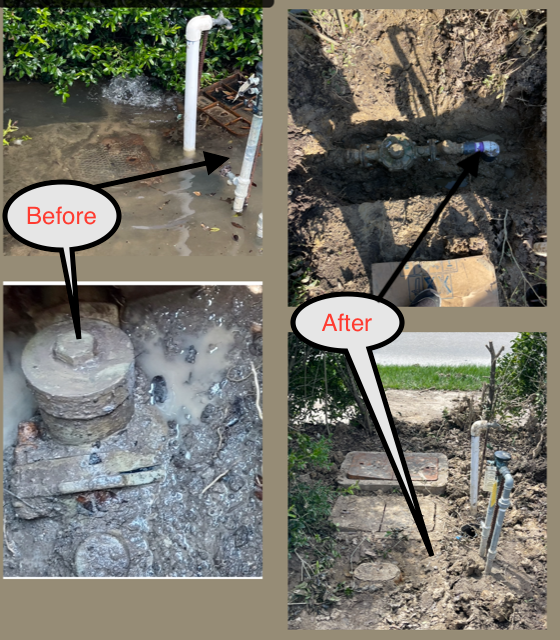 Before and after photos showing the repair of a buried water system, with excavation and new piping.