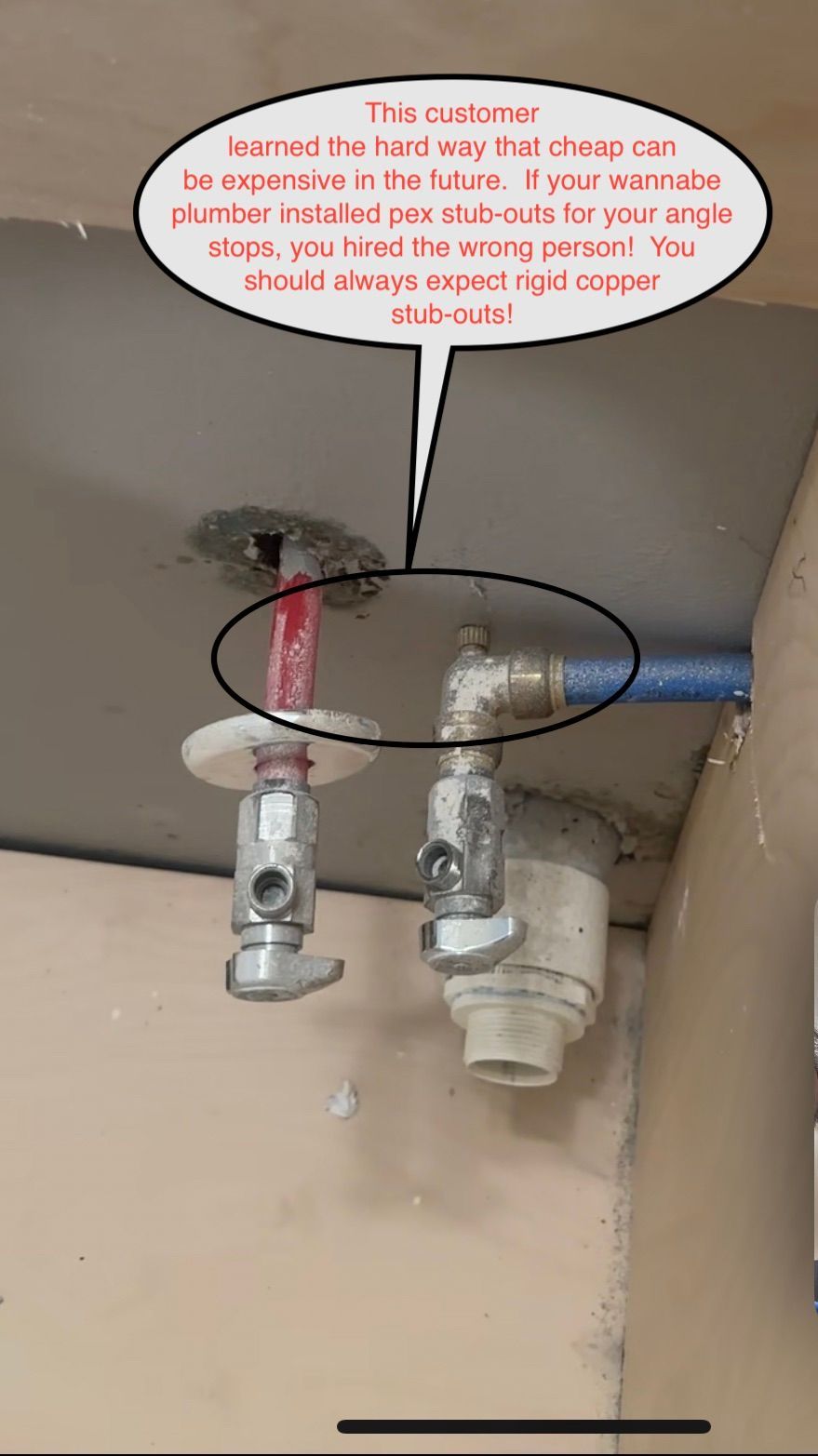 Undersink plumbing with two shutoff valves and a speech bubble warning against copying the photo.