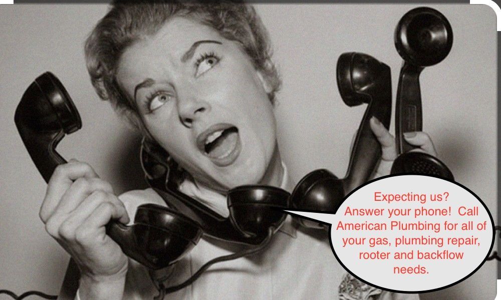 Woman holding multiple black phones with tangled cords, mouth open in exaggerated frustration; vintage ad with red text.