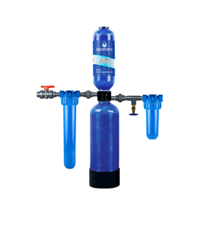 Blue water filtration system with three filter canisters and a pressure tank