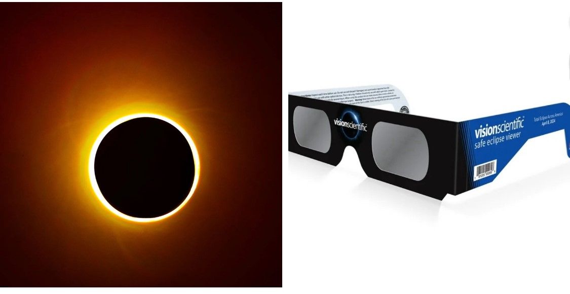 Solar eclipse next to eclipse viewing glasses with dark lenses and blue frame
