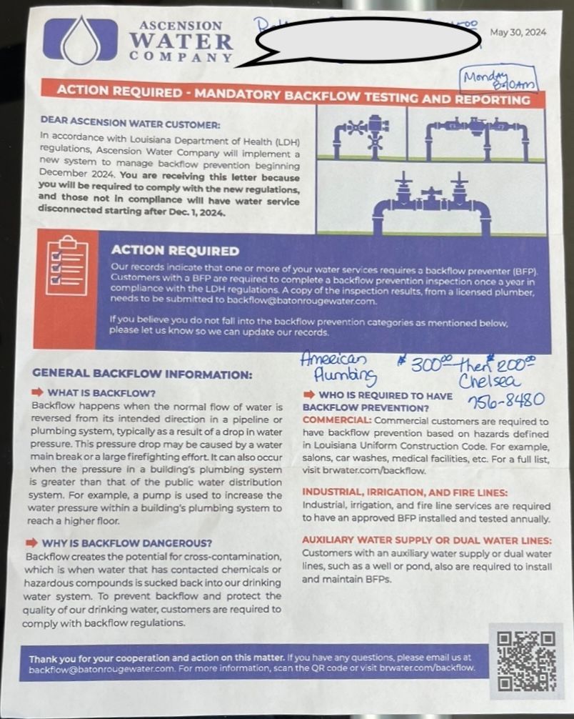 Water damage restoration flyer with action required notice, plumbing diagram, and blue and white branding