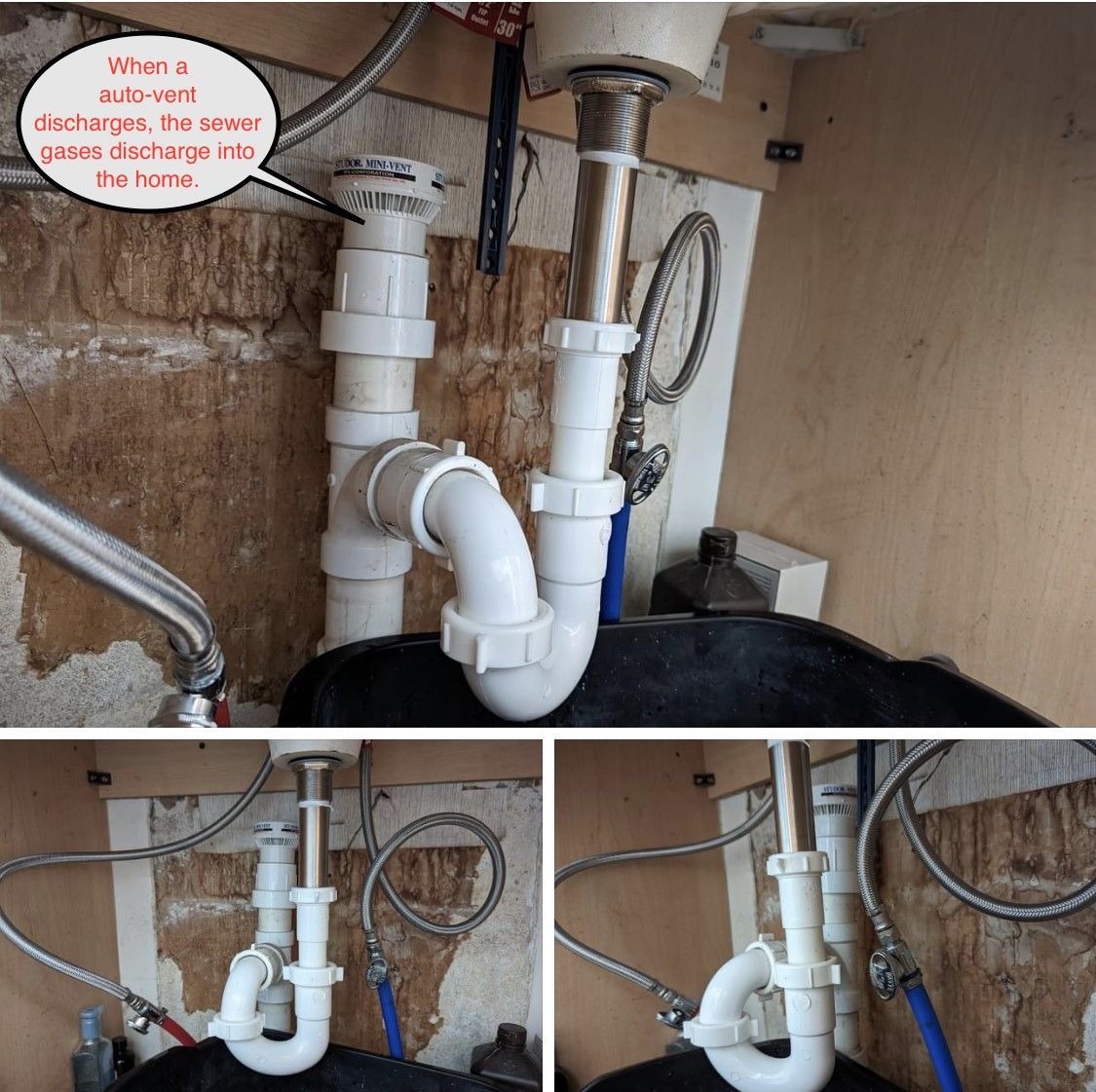 Plumbing under a sink with white pipes and an attached drain.