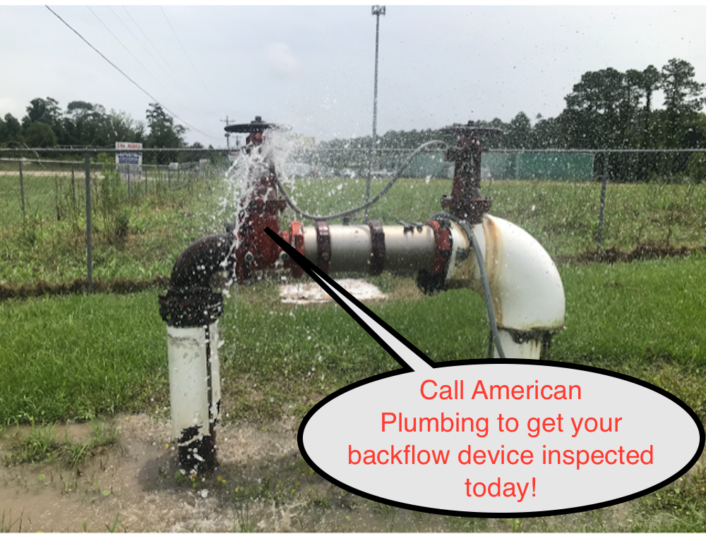 Large pipe spraying water in a field, with a callout bubble reading “Call American Plumbing to get your backflow device inspected today!”