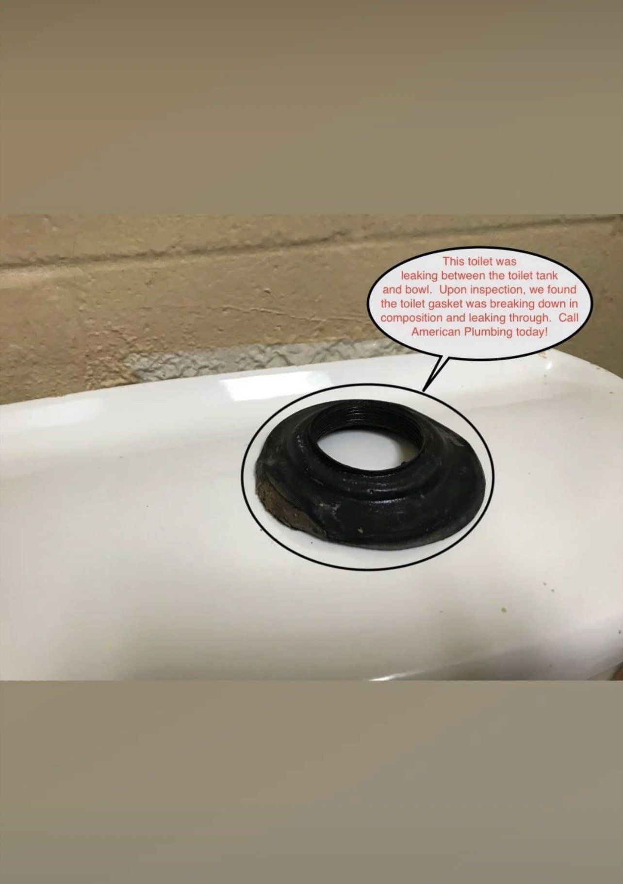 Toilet tank opening with black seal and speech-bubble warning label on white porcelain.