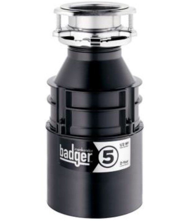 Black Badger 5 garbage disposal unit with chrome top on a white background