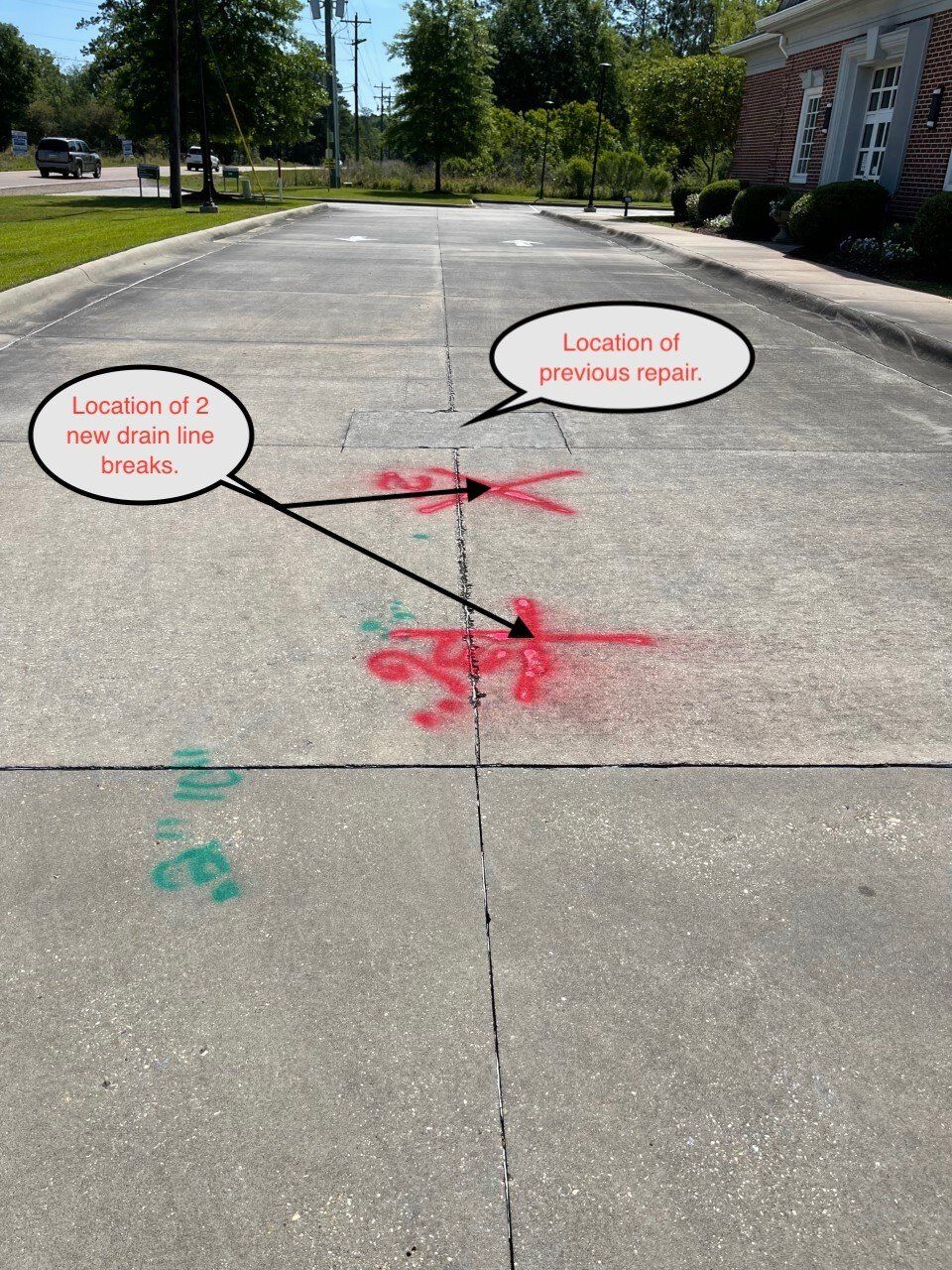 Paved road with spray-painted red marks, indicating locations for repairs.