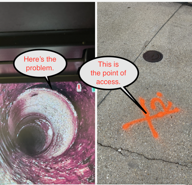Left: sewer pipe inspection with buildup. Right: street access point marked with orange paint.