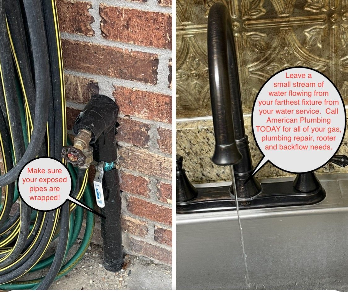 Left: Outdoor hose spigot. Right: Leaking kitchen faucet. Both display plumbing issues.