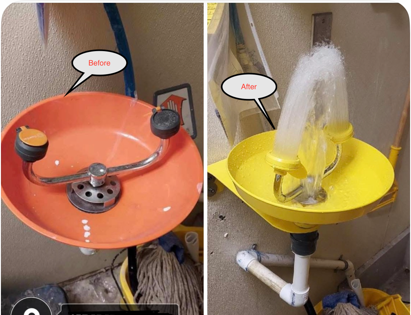Before-and-after of a sink test: orange basin empty, yellow basin spraying water upward.