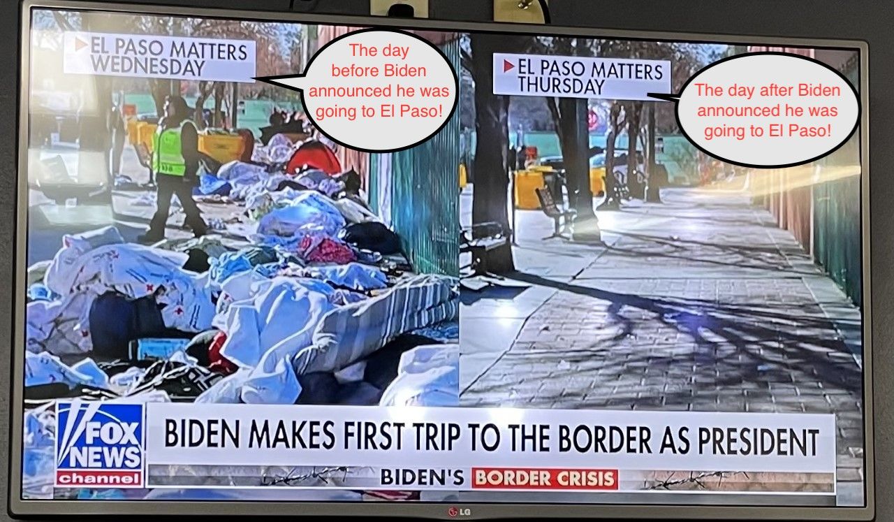 Fox News split-screen of border scenes with migrants and tents; headline: Biden makes first trip to the border as president