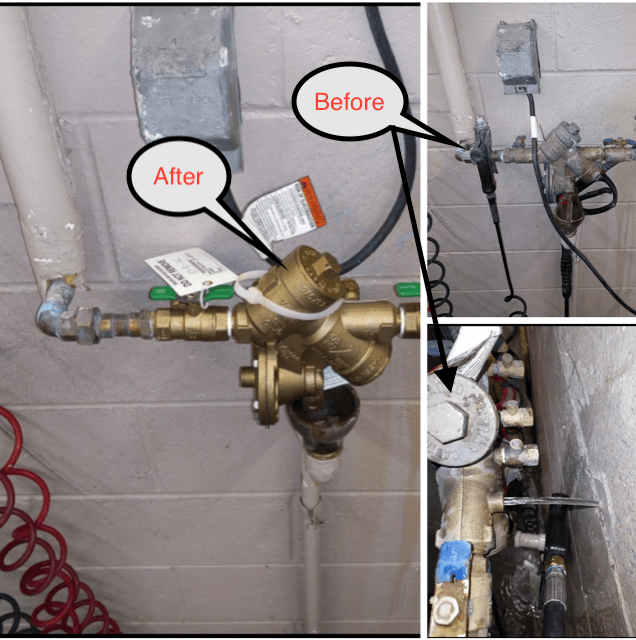 Before and after plumbing repair showing a brass pipe valve and connected utility lines against a tiled wall.