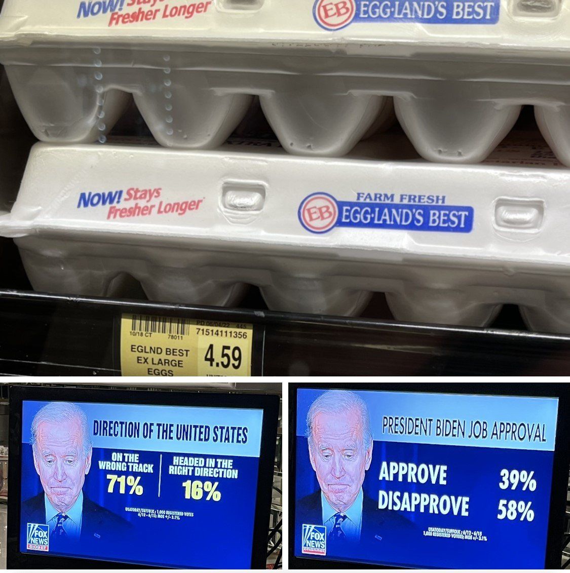 Egg cartons on a store shelf beside TV screens showing poll results and a photo of a man speaking