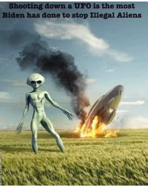 Green alien beside a crashed, burning UFO in a field, with anti-immigrant text at the top.