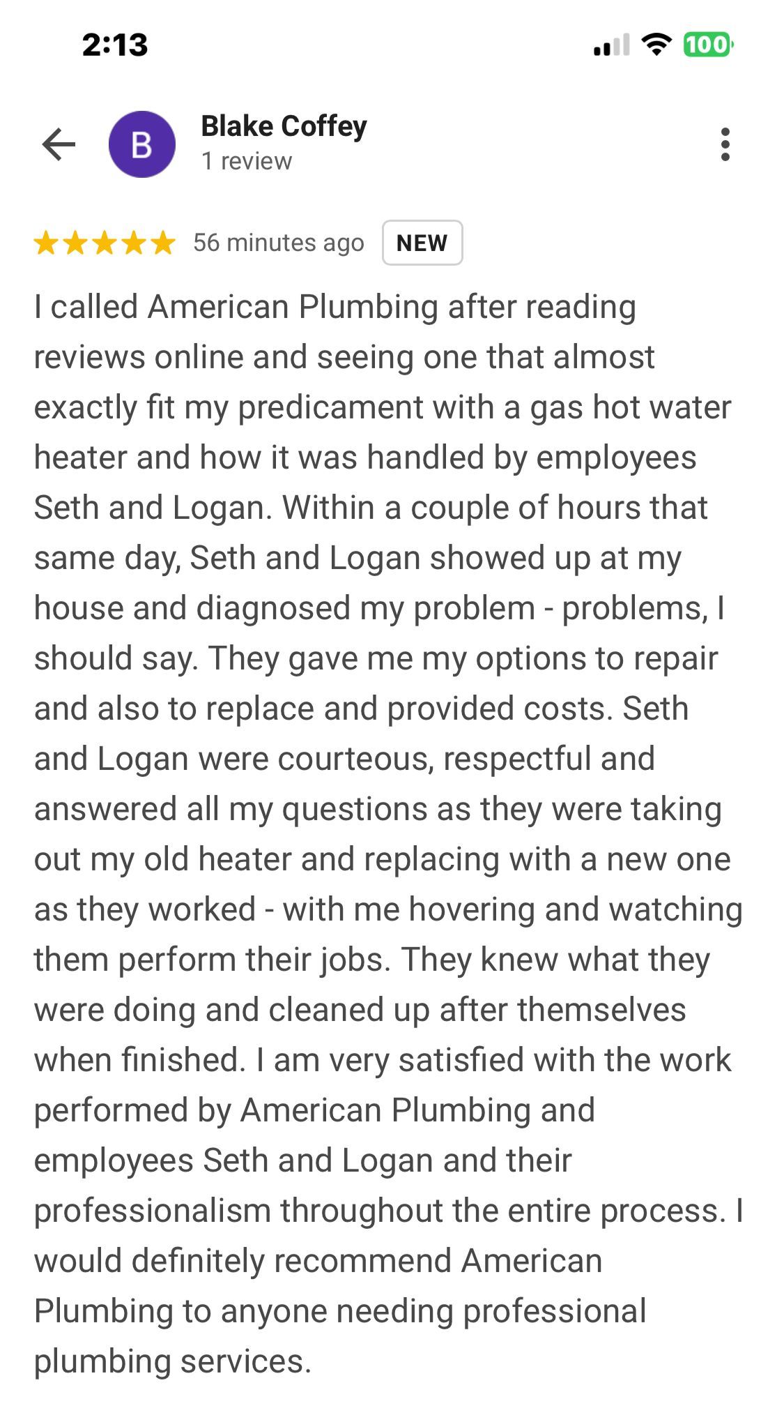 Review of American Plumbing: praising Seth and Logan for water heater repair service.