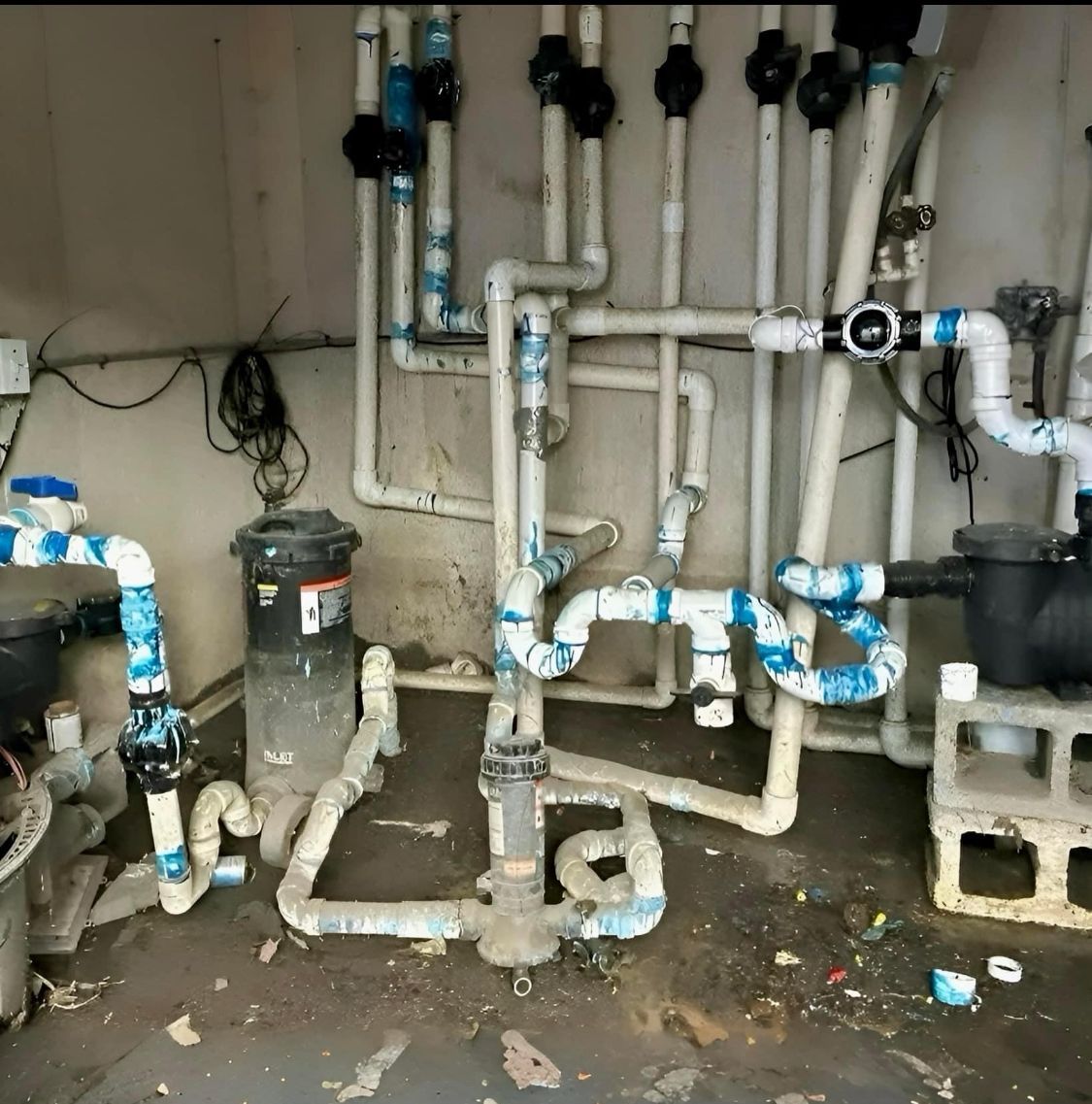 Pool pump and plumbing system with white and blue pipes in a utility room.