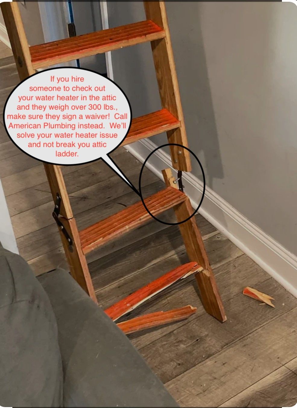 Broken wooden step ladder on a floor, with a speech bubble noting the damage.